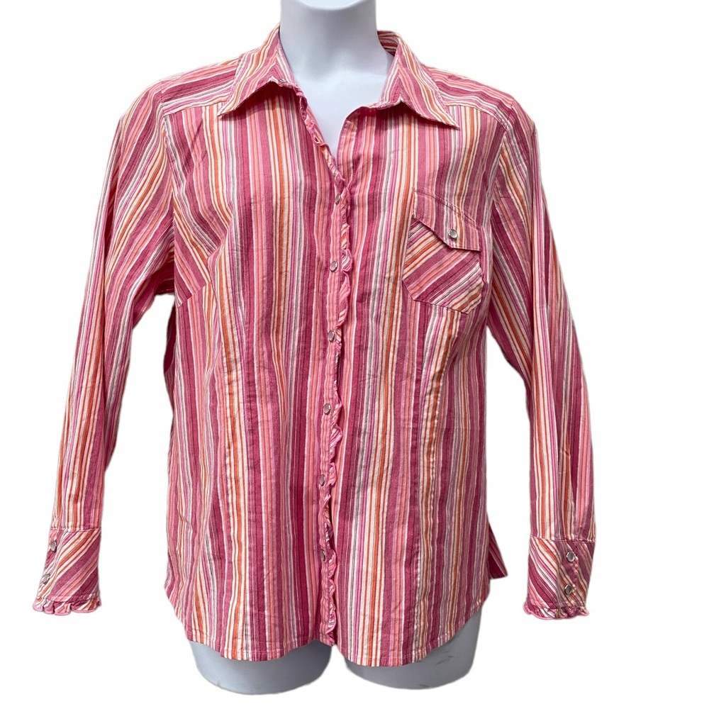 Venezia Pink Orange Silver Striped Snap Front Long Sleeve Blouse Top 18/20